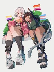 absurdres alternate_costume anby_demara black_shirt black_socks burger casual cat_girl cat_tail couple cross-shaped_pupils cyborg dark-skinned_female dark_skin drooling food green_eyes highres holding holding_burger holding_food interracial interspecies lesbian_flag looking_at_food mechanical_tail nekomiya_mana non-binary_flag open_mouth outdoors pink_hair shirt shoes simple_background sneakers socks sweatdrop symbol-shaped_pupils tail tank_top togekk0 transgender_flag white_background white_hair white_shoes zenless_zone_zero