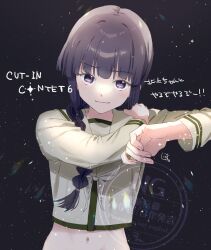 1girl black_hair blunt_bangs braid closed_mouth commentary_request hair_over_shoulder hand_on_own_shoulder kantai_collection kitakami_(kancolle) kitakami_kai_ni_(kancolle) long_hair long_sleeves looking_at_viewer midriff navel neckerchief oriharaizaya819 purple_eyes sailor_collar school_uniform serafuku single_braid smile solo translation_request upper_body white_neckerchief yellow_sailor_collar yellow_serafuku