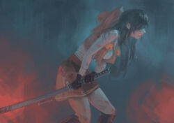 1girl bare_shoulders black_gloves black_hair breasts brown_skirt brown_vest bruise bruise_on_arm bruise_on_face bruise_on_leg clenched_teeth commentary cowboy_hat crisis_core_final_fantasy_vii crop_top crying english_commentary feet_out_of_frame final_fantasy final_fantasy_vii final_fantasy_vii_rebirth final_fantasy_vii_remake from_side gloves hat highres holding holding_sword holding_weapon injury katana long_hair masamune_(ff7) medium_breasts miniskirt parted_lips profile skirt solo sword tears teeth tifa_lockhart tifa_lockhart_(cowgirl) twitter_username unworn_hat unworn_headwear vest walking weapon zoewingsz