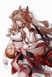 1girl absurdres ahoge angelina_(arknights) angelina_(sports)_(arknights) animal_ears arknights ball basketball_(object) black_shorts breasts brown_hair brown_tail chinese_commentary closed_mouth clothes_around_waist commentary_request cowboy_shot crop_top drop_shadow hair_between_eyes hairband highres holding jacket jacket_around_waist long_hair looking_at_viewer medium_breasts mido_(mido_chen) midriff navel official_alternate_costume orange_eyes partial_commentary red_hairband red_jacket short_shorts shorts simple_background solo sports_bra standing tail thigh_strap white_background white_sports_bra wristband