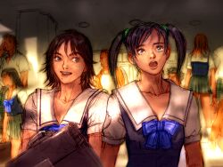 2girls :d bag black_hair blue_bow bow brown_eyes brown_hair game_cg hirano_miharu kawano_takuji ling_xiaoyu long_hair looking_at_another multiple_girls official_art open_mouth people sailor_collar school school_bag school_uniform serafuku short_hair short_sleeves sigh smile teeth tekken tekken_4 twintails upper_body upturned_eyes white_sailor_collar