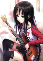 Rule 34 | 1girl, akiyama mio, bass guitar, bed, black hair, blue eyes, collarbone, goto p, highres, holding, holding bass guitar, holding instrument, instrument, k-on!, long hair, long sleeves, on bed, red sleeves, shirt, short shorts, shorts, sitting, solo