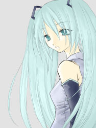 1girl 2000s_(style) black_sleeves blue_eyes blue_hair breasts collared_shirt commentary_request detached_sleeves eyes_visible_through_hair grey_background grey_shirt hair_between_eyes hatsune_miku koruneiyu long_bangs long_hair looking_to_the_side medium_breasts open_mouth shirt simple_background sleeveless sleeveless_shirt solo twintails upper_body very_long_hair vocaloid