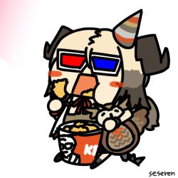 1girl 3d_glasses animated animated_gif arknights chicken_(food) eating fried_chicken ifrit_(arknights) kfc lowres seseren stuffed_owl