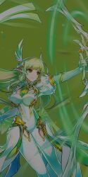 1girl blunt_bangs blunt_ends bow_(weapon) breasts closed_mouth collared_shrug cowboy_shot dot_nose dress elbow_gloves elf elsword firing floating_hair gloves green_background green_eyes green_hair green_necktie high_collar highres holding holding_bow_(weapon) holding_weapon hwansang large_breasts light_particles long_dress long_hair magic necktie official_art pantyhose pointy_ears puffy_short_sleeves puffy_sleeves rena_erindel second-party_source short_sleeves shrug_(clothing) simple_background smile solo standing strapless strapless_dress very_long_hair weapon white_dress white_gloves white_pantyhose white_shrug