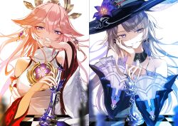 2girls absurdres animal_ears black_dress breasts brown_hair chess_piece chessboard commentary_request dress earrings fox_ears fox_girl genshin_impact hair_ornament hand_on_own_cheek hand_on_own_face hat herta_(honkai:_star_rail) highres holding holding_chess_piece honkai:_star_rail honkai_(series) japanese_clothes jewelry king_(chess) large_breasts mihoyo multiple_girls pink_hair purple_eyes queen_(chess) sas_(ls08b) simple_background smile the_herta_(honkai:_star_rail) white_background white_dress witch_hat yae_miko