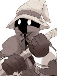 1boy black_mage_(final_fantasy) commentary_request final_fantasy final_fantasy_ix gloves greyscale holding holding_staff large_hat looking_to_the_side mage_staff monochrome robe staff sunao_(sunao_ekakiyou) vivi_ornitier