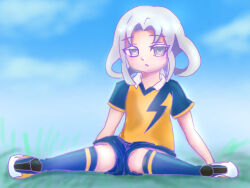 1girl akasode_matsuri_(inazuma_eleven) blue_shirt blue_shorts blue_socks collar flat_chest grey_eyes grey_hair hakkou_soft inazuma_eleven_(series) inazuma_eleven_victory_road large_variant_set medium_hair parted_lips raimon raimon_soccer_uniform shirt short_sleeves shorts sidelocks sitting soccer_uniform socks solo sportswear two-tone_shirt variant_set white_collar yellow_shirt