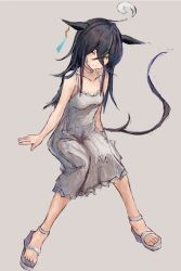 1girl ahoge animal_ears bare_shoulders black_hair breasts choker collarbone dress ear_tag earrings grey_dress hair_between_eyes horse_ears horse_girl horse_tail jewelry long_bangs long_hair long_hair_between_eyes manhattan_cafe_(umamusume) multicolored_hair sandals simple_background single_earring sleeveless sleeveless_dress solo tail umamusume white_hair yanagi_wakana yellow_eyes