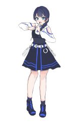 1girl :d absurdres bare_shoulders black_hoodie black_shoes black_skirt black_socks blue_eyes blue_hair braid clothing_cutout commentary_request deepness_(love_live!) full_body hair_over_shoulder highres hood hoodie knees link!_like!_love_live! love_live! medium_skirt murano_sayaka official_alternate_costume official_alternate_hairstyle open_mouth shoes shoulder_cutout side_braid simple_background skirt smile socks solo standing tachi-e two-tone_hoodie v-shaped_eyebrows virtual_youtuber wanage_choco white_background white_hoodie