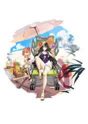 2girls alternate_costume apple aqua_eyes arm_wrap artist_request ball bandaged_arm bandages bare_arms bare_legs bare_shoulders barefoot beach beach_umbrella beachball bed bikini black_bikini black_footwear black_hair black_straps blonde_hair blue_sky blunt_bangs bob_cut bow bow_bikini breasts character_request child choker closed_mouth cloud covered_navel cup curtis_bernal drink drinking drinking_glass drinking_straw drinking_straw_in_mouth final_gear floral_print floral_print_one-piece_swimsuit flower flower_hat food fruit fruit_punch_(drink) full_body green_apple green_eyes grin hair_between_eyes hat hibiscus highres holding holding_cup holding_drink hospital_bed innertube jacket jacket_ribbon knees_together_feet_apart large_breasts legs_apart lemon lemon_slice lemonade long_hair looking_at_another midriff multicolored_bikini multiple_girls nail_polish navel ocean official_alternate_costume official_art on_bed one-piece_swimsuit outdoors palm_leaf palm_tree pineapple pink_flower pink_nails purple_one-piece_swimsuit red_flower ribbon ribbon_choker sand sandals shadow shoe_strap short_hair simple_background single_bare_arm sky sleeve_cuffs slides smile spaghetti_strap starfish sun_hat sunflower swim_ring swimsuit table tachi-e teeth thigh_strap third-party_source tied_jacket toenails tree two-tone_bikini two-tone_flower umbrella very_long_hair water wavy_hair wheel white_background white_bikini white_choker white_ribbon white_sleeve_cuffs white_straps white_umbrella yellow_flower yellow_hat
