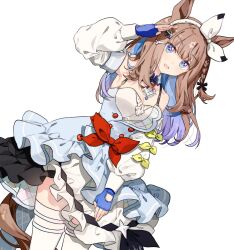 +_+ 1girl :d almond_eye_(umamusume) animal_ears arm_up bare_shoulders black_ribbon blue_eyes blue_gloves bow_hairband braid breasts brown_hair cleavage cowboy_shot detached_sleeves dress fingerless_gloves frilled_dress frills gloves hair_ornament hair_ribbon hairband hairclip highres horse_ears horse_girl horse_tail long_hair looking_at_viewer migolu open_mouth ribbon simple_background single_braid sleeveless sleeveless_dress smile solo tail thighhighs umamusume white_background white_dress white_hairband white_sleeves white_thighhighs