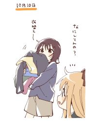2girls ;d blonde_hair blue_shirt blush_stickers bow brown_bow brown_eyes brown_hair brown_shorts commentary_request cropped_legs funami_yui hair_bow highres laundry long_sleeves looking_at_another multiple_girls namori one_eye_closed open_mouth shirt short_hair shorts simple_background smile toshinou_kyouko translation_request white_background yuruyuri