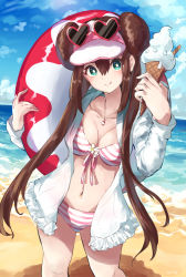 1girl :q aqua_eyes beach bikini blush breasts brown_hair cleavage cloud commentary_request day double_bun e-co eyelashes eyewear_on_headwear female_focus food hair_between_eyes hair_bun heart heart-shaped_eyewear holding holding_food holding_swim_ring ice_cream ice_cream_cone innertube jewelry long_hair looking_at_viewer medium_breasts navel necklace nintendo outdoors pokemon pokemon_bw2 rosa_(pokemon) sand sidelocks sky smile solo standing striped_bikini striped_clothes sunglasses swim_ring swimsuit tongue tongue_out twintails very_long_hair visor_cap water