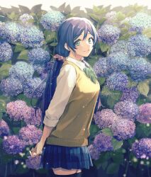 1girl arms_behind_back azuma_(no488888) black_thighhighs blue_flower blue_skirt bow bowtie breasts collared_shirt commentary_request cowboy_shot dated english_text floral_background flower green_bow green_bowtie green_eyes hair_ornament hair_scrunchie hydrangea large_breasts looking_at_viewer love_live! love_live!_school_idol_project otonokizaka_school_uniform outdoors plaid_clothes plaid_skirt ponytail purple_eyes purple_flower school_uniform scrunchie shirt skirt smile solo striped_bow striped_bowtie striped_clothes summer_uniform sweater sweater_vest swept_bangs thighhighs three-quarter_sleeves tojo_nozomi white_shirt yellow_sweater zettai_ryouiki