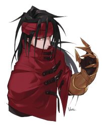 1boy black_hair cape clawed_gauntlets cloak commentary_request cropped_torso final_fantasy final_fantasy_vii final_fantasy_vii_rebirth final_fantasy_vii_remake gauntlets hand_up headband highres long_hair looking_at_viewer male_focus open_hand red_cape red_cloak red_eyes red_headband signature single_gauntlet solo spiked_hair upper_body vani_(hisha_04) vincent_valentine white_background