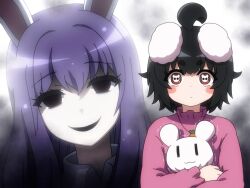 2girls :3 ahoge animal_ears black_hair black_mouth blush carrot_necklace closed_mouth collared_shirt commentary_request dark_gathering empty_eyes floppy_ears grey_background hair_between_eyes houzuki_eiko houzuki_yayoi huge_ahoge inaba_mob_(touhou) inaba_tewi jewelry looking_at_viewer multiple_girls necklace open_mouth parody pink_shirt purple_hair rabbit rabbit-shaped_pupils rabbit_ears rabbit_girl red_eyes reisen_udongein_inaba shirosato shirt short_hair skull-shaped_pupils smile symbol-shaped_pupils textless_version thick_eyebrows touhou trembling upper_body white_shirt
