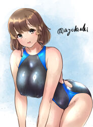 1girl agodashi asahi_(kancolle) black_one-piece_swimsuit breasts brown_eyes brown_hair commentary_request competition_swimsuit covered_erect_nipples cowboy_shot highres kantai_collection large_breasts one-hour_drawing_challenge one-piece_swimsuit short_hair solo swimsuit twitter_username two-tone_swimsuit