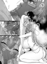 1boy 1girl :&gt;= :p absurdres ahoge areola_slip bare_shoulders blue_archive blush breast_curtains breasts faceless faceless_male fellatio femdom greyscale hanako_(blue_archive) harem_outfit heart highres huge_breasts jewelry mario_(mario_portal) monochrome mouth_veil multiple_necklaces multiple_views necklace oral penis pussy revealing_clothes saliva sequential size_difference small_penis smile sweat tongue tongue_out veil