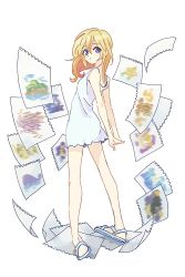 1girl arms_behind_back blonde_hair blue_eyes breasts drawing dress flying_paper from_behind full_body hair_between_eyes kingdom_hearts kingdom_hearts_ii kuri6_4 long_hair looking_at_viewer looking_back namine pages paper sandals short_dress small_breasts solo white_background white_dress