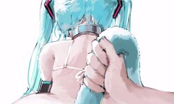 1boy 1girl alterkyon aqua_hair back bare_shoulders bikini black_sleeves close-up collar hair_ornament hatsune_miku long_hair metal_collar out_of_frame swimsuit tail tail_grab twintails unfinished vocaloid white_background white_bikini