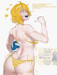 1girl ass ball bikini blonde_hair butt_crack don_quixote_(project_moon) english_text facial_mark fangs fischl_(genshin_impact) from_behind highres holding holding_ball open_mouth project_moon solo star_(symbol) star_facial_mark striped_bikini striped_clothes swimsuit teeth theheavenpit volleyball yellow_bikini yellow_eyes