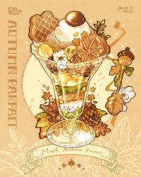 animal-themed_food artist_name autumn autumn_leaves banner black-framed_eyewear blush_stickers brown_background commentary cookie dated eating english_commentary english_text food food_focus glasses highres ice_cream leaf nao_(bestrollever) no_humans original parfait pinecone rabbit round_eyewear spoon star_(symbol)