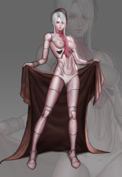 Rule 34 | 1girl, ascot, audia pahlevi, bloodborne, bonnet, breasts, doll, doll joints, female focus, full body, highres, joints, looking at viewer, navel, nipples, panties, plain doll, silver hair, solo, stomach, underwear, undressing, white panties, zoom layer