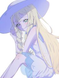 1girl bare_shoulders blonde_hair blunt_bangs braid dress green_eyes hat highres lillie_(pokemon) long_hair looking_at_viewer nintendo pokemon pokemon_sm seiun_(hoshigumo_72) simple_background sleeveless sleeveless_dress solo sun_hat twin_braids white_background white_dress white_hat
