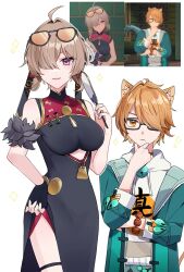 Rule 34 | 1boy, 1girl, ahoge, animal ear fluff, animal ears, black dress, brown hair, cat ears, china dress, chinese clothes, clothing cutout, cutout above navel, dress, eyewear on head, fingerless gloves, game screenshot inset, glasses, gloves, green jacket, hair over one eye, hand fan, hand on own chin, highres, holding, holding fan, jacket, looking at viewer, nagano ayu, orange-tinted eyewear, orange hair, purple eyes, shirt, single fingerless glove, smile, sunglasses, sweety (zenless zone zero), tinted eyewear, tuanshan, underboob cutout, white shirt, yellow-tinted eyewear, zenless zone zero