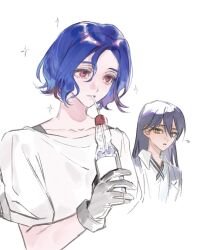1boy black_hair blue_hair bottle colored_inner_hair commentary drinking_straw drinking_straw_in_mouth gloves gundam gundam_gquuuuuux highres holding holding_bottle jacket long_hair looking_at_another lower_eyelashes_only multicolored_hair nyaan_(gundam_gquuuuuux) open_mouth purple_hair red_eyes school_uniform shirt short_hair shuji_ito simple_background sparkle sukebegg two-tone_hair white_background white_shirt yellow_eyes