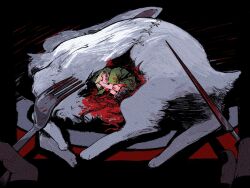 Rule 34 | 1boy, animal, black nails, blonde hair, blood, blood on fork, bloody knife, boots, cannibalism, covered face, covering face, dark skin, fetal position, fork, green headwear, green tunic, hamusitas, hat, highres, holding, holding fork, holding knife, intestines, knife, link, lying, male focus, mini person, miniboy, nail polish, nintendo, on side, out of frame, plate, pointy ears, pov, pov hands, rabbit, raw meat, stitches, the legend of zelda, tunic