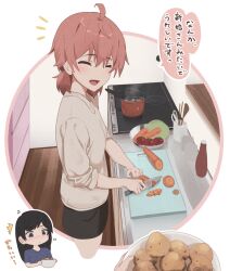 Rule 34 | 2girls, ahoge, black eyes, black hair, blue shirt, blush, closed eyes, closed mouth, cooking, highres, indoors, kitchen, koito yuu, lie lack1080, long hair, low twintails, multiple girls, nanami touko, open mouth, orange hair, potato, shirt, short hair, short twintails, translation request, twintails, yagate kimi ni naru