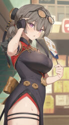1girl ahoge black_dress black_gloves braid breasts brown_hair china_dress chinese_clothes cowboy_shot dress eyewear_on_head fingerless_gloves from_side gloves hair_intakes hand_fan highres holding holding_fan large_breasts looking_at_viewer looking_to_the_side ochiaki parted_lips purple_eyes short_twintails single_glove sleeveless sleeveless_dress solo sweety_(zenless_zone_zero) tinted_eyewear tuanshan twintails yellow-tinted_eyewear zenless_zone_zero