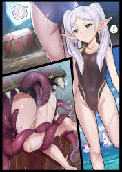 ! 1girl 3koma black_one-piece_swimsuit breasts comic commentary_request earrings elf female_focus fern_(sousou_no_frieren) floating_earring frieren frieren_stuck_in_a_mimic_(meme) green_eyes grey_hair highleg highleg_one-piece_swimsuit highres interspecies jewelry long_hair meme miga_(migao) mimic mimic_chest monster multiple_girls multiple_views one-piece_swimsuit parted_bangs petite pointy_ears sharp_teeth small_breasts sousou_no_frieren spoken_exclamation_mark stark_(sousou_no_frieren) swimsuit teeth tentacle_sex tentacles thick_eyebrows treasure_chest twintails