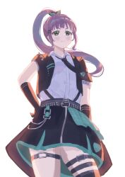 1girl alternate_costume asymmetrical_sleeves black_skirt collared_shirt commentary_request cowboy_shot dante_(vl_dante) floating_hair green_eyes high_ponytail highres i_do_me!_(love_live!) jacket link!_like!_love_live! long_hair love_live! miniskirt multiple_thigh_straps open_clothes open_collar open_jacket otomune_kozue pleated_skirt ponytail purple_hair shirt short-sleeved_jacket short_sleeves simple_background skirt solo standing uneven_sleeves very_long_hair virtual_youtuber white_background white_shirt