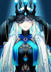 Rule 34 | 1girl, absurdres, black dress, black gloves, blue eyes, blue lips, crown, dress, fate/grand order, fate (series), gloves, highres, long hair, looking at viewer, morgan le fay (fate), morgan le fay (queen of winter) (fate), nakanohiro, parted lips, simple background, solo, upper body, veil, watermark, white hair, wide sleeves