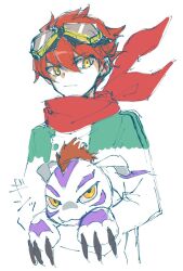 Rule 34 | 1boy, digimon, digimon (creature), digimon story: time stranger, fang, goggles, goggles on head, gomamon, hinahinairuka, holding, male focus, mohawk, red hair, red scarf, scarf, seal (animal), simple background, upper body, white background, yellow eyes, yuuki dan