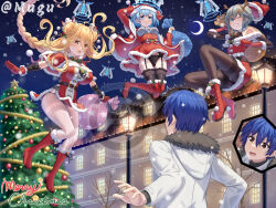 1boy 3girls ^^^ black_pantyhose blonde_hair blue_eyes blue_hair boots braid breasts brown_eyes capelet chinese_commentary christmas christmas_tree crescent_moon date_a_live double_bun dress fake_antlers fur-trimmed_hood fur_trim garter_straps gloves grey_hair hair_between_eyes hair_bun hat highres himekawa_yoshino honjou_nia hood hooded_jacket hoshimiya_mukuro itsuka_shido jacket lamppost large_breasts long_hair looking_at_viewer medium_breasts moon multiple_girls muntins night one_eye_closed open_mouth outdoors pantyhose red_capelet red_footwear sack santa_costume santa_hat short_hair smile snow thighhighs tsubasaki very_long_hair white_pantyhose yellow_eyes