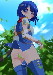 Rule 34 | 1girl, absurdres, armor, ass, blue dress, blue eyes, blue hair, blue sky, blue thighhighs, blurry, blurry background, blush, breastplate, catria (fire emblem), clothes lift, commission, convenient censoring, cowboy shot, dress, dress lift, elbow gloves, falling leaves, fingerless gloves, fire emblem, fire emblem: mystery of the emblem, fire emblem: shadow dragon and the blade of light, gloves, headband, highres, kisaragi setsu (mssk8485), leaf, looking at viewer, looking back, nintendo, no panties, pegasus knight uniform (fire emblem), pixiv commission, short dress, short hair, sky, sleeveless, sleeveless dress, solo, thighhighs, wind, wind lift