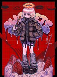 1girl absurdres belt black_belt black_boots black_border black_jacket black_nails black_shirt black_skirt boots border cake checkered_background closed_mouth commentary cross cross_print donut english_commentary english_text food fork full_body green_outline grey_leg_warmers halo hand_in_pocket highres holding holding_food jacket kitchen_knife leg_warmers looking_at_food lui_n24 open_clothes open_jacket orange_halo original outline outside_border pink_eyes pink_hair purple_outline rapier red_background shirt short_hair skirt solo standing strawberry_cake sword thigh_belt thigh_strap weapon zipper
