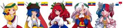 5girls absurdres blonde_hair blue_eyes blue_hair blue_skirt blue_sleeves brown_hat cape closed_eyes collar colombia colombian_flag colombian_flag_sash cracked_skin cross dress earrings ecuador ecuadorian_flag epaulettes flower gloves gradient_hair gran_colombia gran_colombia_flag hair_between_eyes hair_flower hair_ornament hair_over_shoulder hairband hand_on_own_face hat heterochromia highres isosceless jewelry juliet_sleeves laurel_crown laurels long_hair long_image long_sleeves multicolored_hair multiple_girls one_eye_closed original panama panama_flag pants polearm puffy_sleeves red_cape red_eyes red_hair red_skirt ring sash shirt shoulder_sash simple_background skirt smile spanish_commentary spear star_(symbol) star_hair_ornament twintails venezuela venezuelan_flag waist_sash weapon white_background white_dress white_gloves white_hair white_pants white_shirt wide_image yellow_eyes yellow_skirt