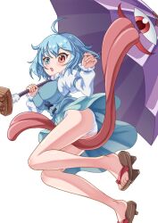 Rule 34 | 1girl, ahoge, blue eyes, blue hair, blue skirt, blue vest, breasts, brown footwear, commentary request, covered erect nipples, cross-laced clothes, geta, heterochromia, highres, holding, holding umbrella, karakasa obake, large breasts, open mouth, ossannoa, panties, purple umbrella, red eyes, shirt, short hair, simple background, skirt, solo, tatara kogasa, tongue, touhou, umbrella, underwear, vest, white background, white panties, white shirt