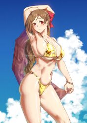 1girl absurdres alternate_costume apron arm_up armpits bikini blue_sky breasts brown_hair day gold_bikini hair_ornament hair_ribbon hairclip highres kantai_collection large_breasts long_hair mamiya_(kancolle) mrdotd o-ring o-ring_bikini o-ring_bottom o-ring_top outdoors ponytail red_eyes red_ribbon ribbon sky solo standing swimsuit very_long_hair