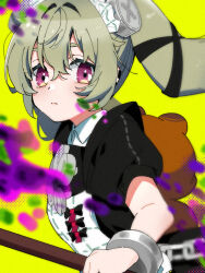 1girl animal_bag apron bear_bag black_dress chain commentary_request corin_wickes cuffs dress green_background green_hair hair_between_eyes holding long_hair looking_at_viewer maid maid_apron maid_headdress partial_commentary puffy_short_sleeves puffy_sleeves purple_eyes screw_hair_ornament short_sleeves simple_background solo tori_hatsu02 twintails upper_body white_apron zenless_zone_zero