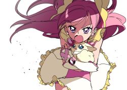 absurdres angry bike_shorts buntatta butterfly_brooch butterfly_earrings butterfly_hair_ornament coco_(yes!_precure_5) cure_dream dress earrings frilled_dress frilled_sleeves frills hair_ornament highres holding jewelry long_hair open_mouth pink_hair pinky_catch precure purple_eyes white_background wrist_cuffs yes!_precure_5
