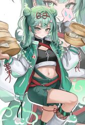 1girl absurdres steamed_bun blush closed_mouth commentary crop_top double_bun earrings fang fishnets food food-themed_hair_ornament green_hair green_jacket green_shorts hair_bun hair_ornament hatsune_miku highres hoangryu holding jacket jewelry leg_ribbon leg_up long_hair long_sleeves midriff navel open_clothes open_jacket ribbon shorts skin_fang socks solo spoken_sweatdrop sweatdrop thigh_ribbon vocaloid white_background white_socks x_hair_ornament