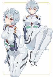 1girl ayanami_rei bodysuit breasts closed_mouth fangxiang_cuoluan grey_hair highres holding_own_arm long_hair looking_at_viewer mecha_pilot_suit neon_genesis_evangelion plugsuit_(evangelion) red_eyes short_hair solo very_long_hair white_bodysuit