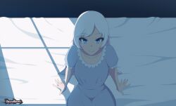 1girl animated animated_gif artist_name ass bed blue_eyes body_writing bouncing_breasts breasts cleft_of_venus dragonbreath fat_mons folded highres long_hair looking_at_viewer lying medium_breasts no_panties on_back pajamas pussy rwby scar scar_across_eye scar_on_face short_sleeves smile solo spread_legs thank_you thighs uncensored weiss_schnee white_hair