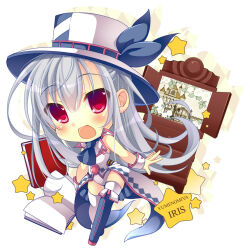 book boots chibi emil_chronicle_online hat kamishibaiya_iris leotard long_hair necktie open_mouth red_eyes star_(symbol) thigh_boots white_hair white_leotard yumemiya_subaru
